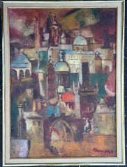 Petr Zlamal 1971 Cubist Cityscape Oil Painting Czech Artist