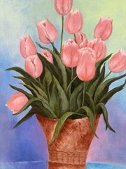 Original Edith Licea Oil Painting 1995 Pink Tulips Floral Framed Signed 21×27
