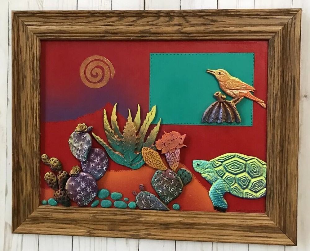 Original Multi Media Southwest Desert Art Painting Cactus Tortoise Signed
