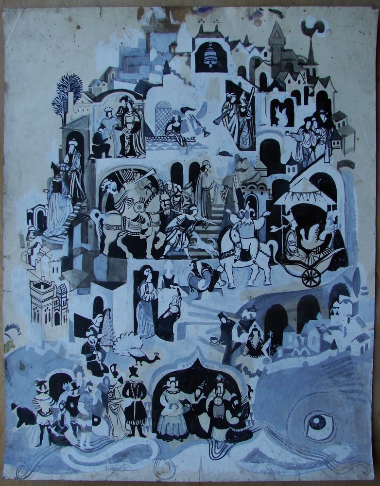 Ukrainian Soviet USSR Painting European medieval town life historical knight