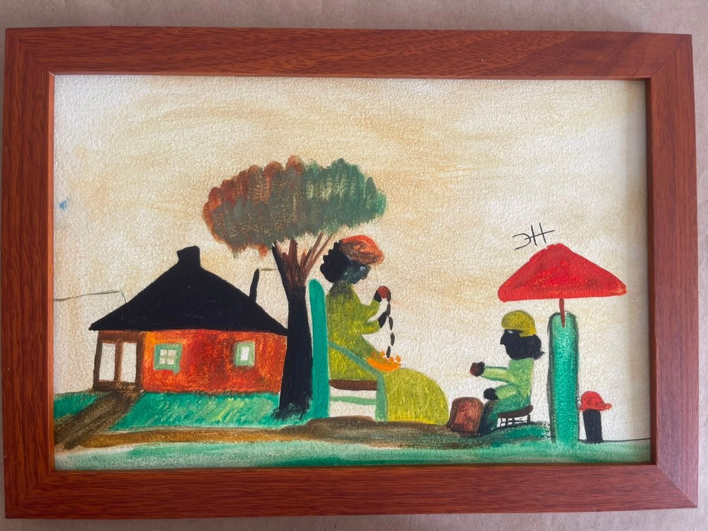 CLEMENTINE HUNTER DRAWING ON ANTIQUE WOOD, FRAMED ON WOOD, SIGNED AND SEALED