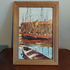 Vintage Impressionist Harbor Scene Oil Painting Wood Frame Nautical 14x10in