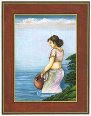 Indian Painting Of Woman With Water Pot In River Art On Paper 10.5×13.5 Inches