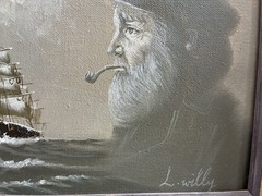 Vintage Original Sea Captain At Sea Oil Painting Rope Frame-18” X 16”-L.Willy