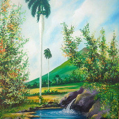 Vintage Cuban Folk Art Landscape Painting Tropical River Palm Trees Acrylic/Boar