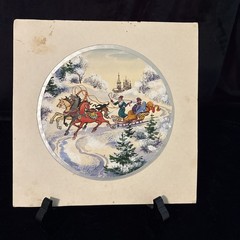 Vintage Russian lacquer-style Watercolor depicting a winter troika sleigh ride