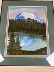 Original Framed Oil Painting Mountain Lake Landscape Mt. Rainer? 22.5″x19.5″