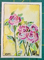 ACEO by M. Hackney Rose Flowers Watercolor & Ink, Signed, 2.5×3.5″ Original