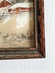 Antique Watercolor Painting Homestead, Barn In Winter w/ Home Sweet Home Poem