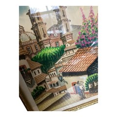 Original Watercolor Painting Mexican Chinese Village Scene Framed Art by Raul
