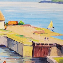Coastal European Harbour Scene Original Oil or Acrylic Painting 1958 WB Kennedy