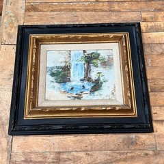 Vtg Wood Framed Oil Painting 18″ of Two People Swimming in Waterfall