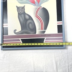 VTG 80s Michael Fishel Black Cat Calla Lily Art Deco Style Frame Painting Signed