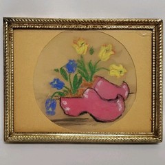 Miniature Chalk Painting Pink Clogs &Flowers Vtg Frame Gold Tone 3.25×4.5″