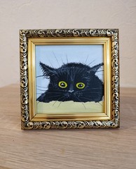 ORIGINAL Oil Painting Black cat Animals Pet Miniature Contemporary Wall art