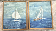 Karen Robinson Signed Framed Sailboat Seascape Oil Painting Set of 2