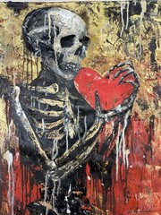 original skeleton heart hand painted oil artwork 34”x27”inches OBO