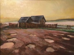 ORIGINAL SIGNED OIL PAINTING RUSTIC FARM TITLED “SPRING RAIN” 20 1/2” X 16 1/2”