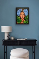Blue Floral Portrait Painting 11×14 Framed Woman Face Wall Art