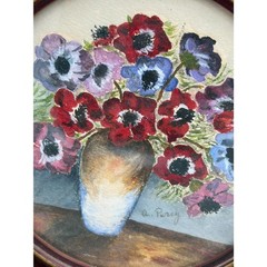 Antique Signed Watercolor 1940s Round Framed Glass Pansies in Vase Wall Hanging
