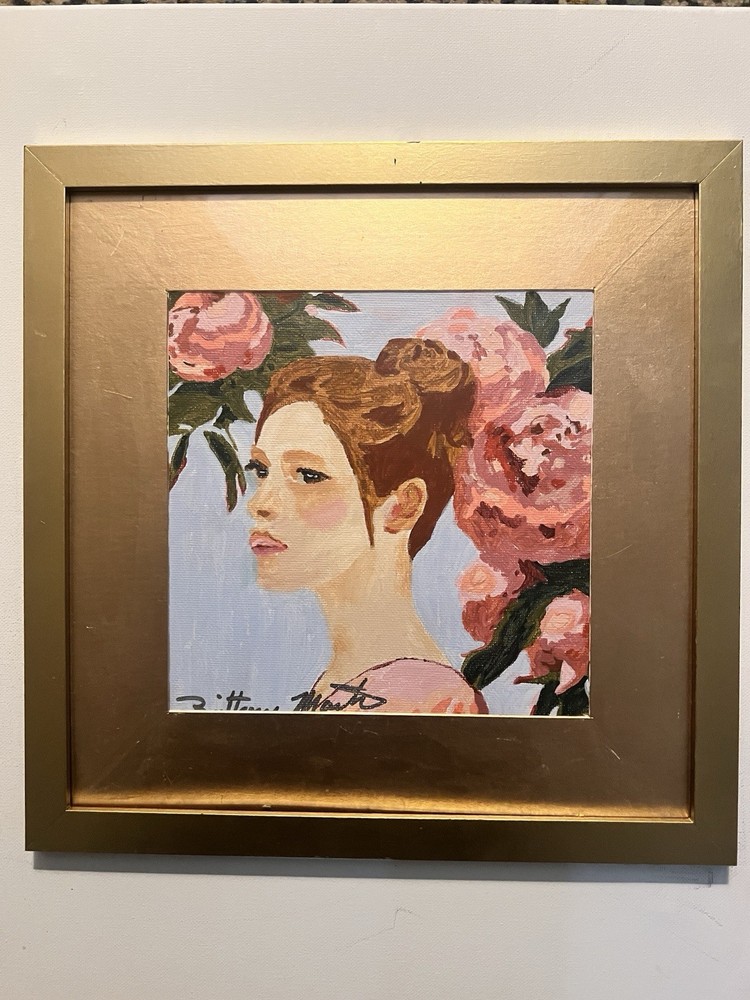Elegant Female Portrait with Pink Roses In Gold Frame By Brittony Martin