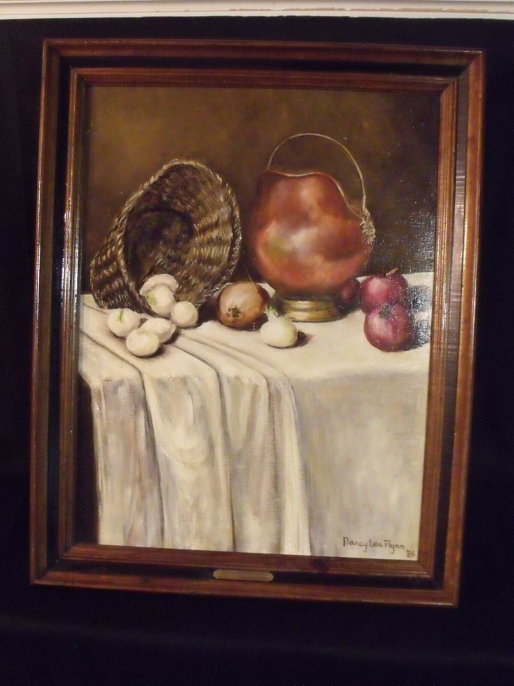 QUALITY 1986 NANCY LEA FLYNN ‚ONION BASKET‘ STILL LIFE 18″ BY 24″ OIL PAINTING