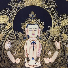 Silk Brocade Mounted Chenrezig Thangka, Avalokiteshvara Thanka