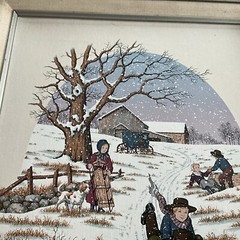 Framed Serigraph on Canvas Signed C. Carson Amish Winter Snow Sledding 16 x 12