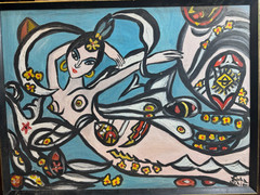 Luba Schiff Framed Figural Mermaid Painting on Canvas Signed Folk Modern 24 x 18