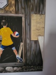 Original Sports Painting Boy With Basketball Hoop Signed By Artist