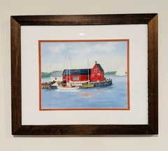 Coastal Harbor Watercolor Painting Signed Joanne Jones Nautical Red Boathouse