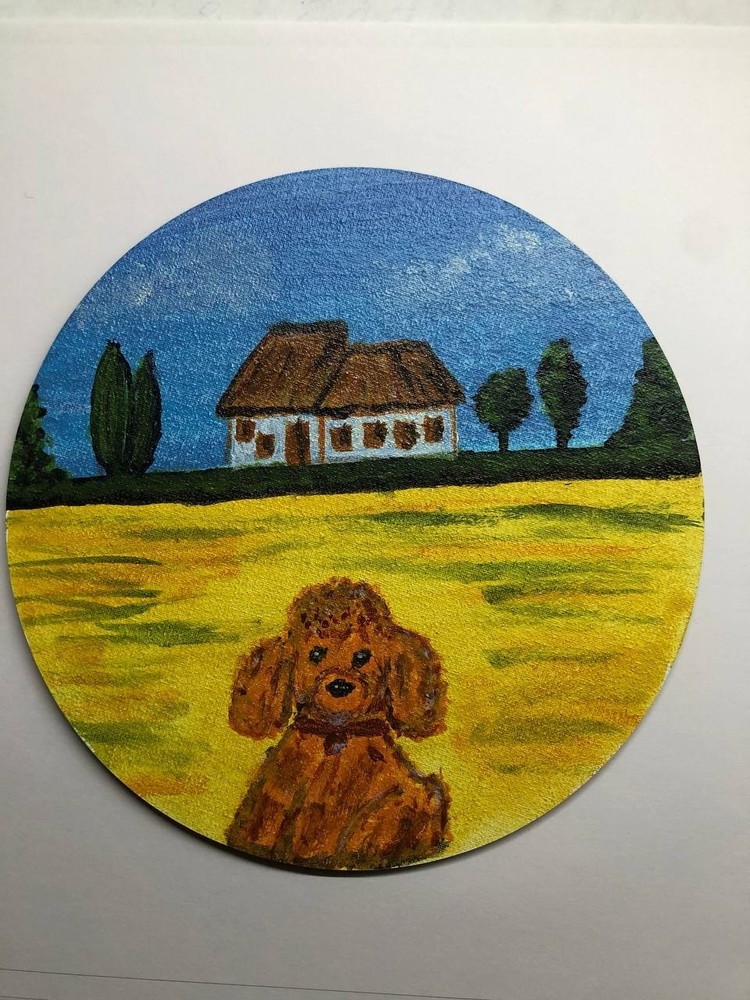 MINI ROUND CANVAS PAINTING ON 6 INCHES WOODBOARD DOG LANDSCAPE VILLAGE FARM