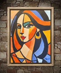 Cubist Portrait Painting Woman with Green Eyes Geometric Modern Art 11×14 Canvas