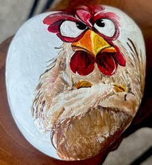 Hand Painted Rock „Grumpy Rooster” Garden Decor Art Collectible Gift
