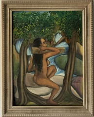 VINTAGE CUBISM LANDSCAPE OIL PAINTING OLD MODERN TROPICAL ISLAND WOMAN 1950s