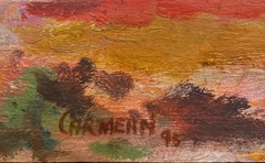 Colorful oil painting of woman in landscape by Harry Carmean 1995