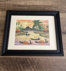 Vintage Painted Silk Vietnamese Ladies Fishing Boats Village Framed Art Signed