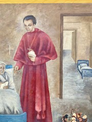 ::OIL PAINTING 1940 CLERGYMAN AT HOSPITAL BED HOSPITAL MONASTERY NUN WITH FRUIT BASKET