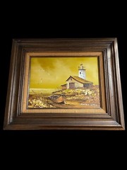Everett Woodson Oil Paint Signed Original Lighthouse on Canvas Painting 24”x20”