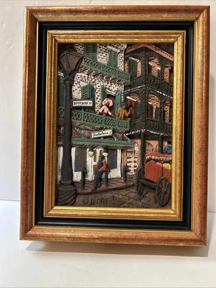 Vtg FramedHand Painted 3D Woodgraph Bourbon St New Orleans By Dore Skidmore 1991