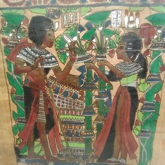 Beautiful Framed Egyptian Painting On Papyrus Paper. Green Brown
