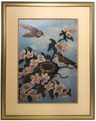EARLY 20TH C VINT O/B PAIR YELLOW BREASTED CHATS, W/NEST in BLOOMING CHERRY TREE