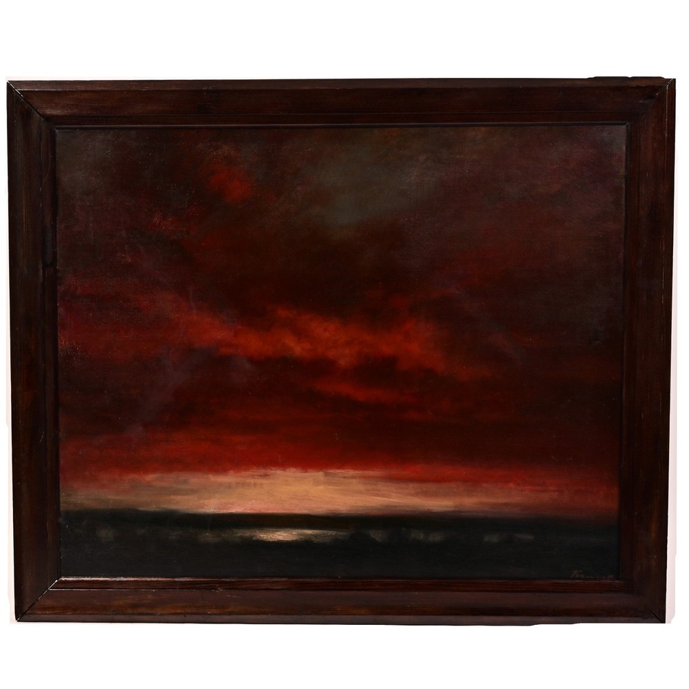 WALTER TEUNINK Original Vintage Signed Landscape Seascape Red Clouds Painting
