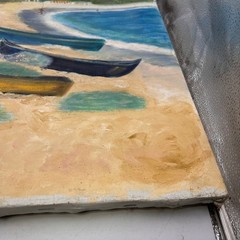 Vintage Seascape Oil Painting Boats Ocean Original Art 20×24 Canvas Unsigned