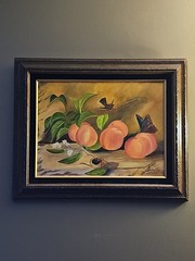 Modern Era Oil Painting Peaches Butterfly Bird Signed