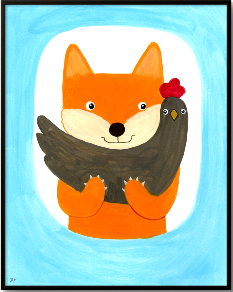 Fox & Chicken Painting, Whimsical Animal Art 8×10