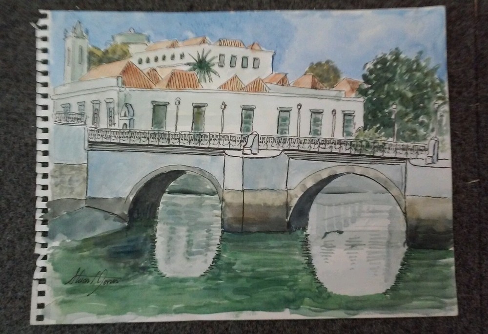Original Watercolor w Pen & Ink ROMAN BRIDGE TAVIRA PORTUGAL Stuart Jones 9×11