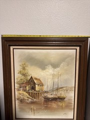 Oil Painting On Canvas/ Framed Signed by Luini Boat At Docks – Free Shipping!