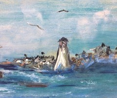 Vtg Original Sea Marina w/ Light House, Boats & Dock Seascape Painting on Board