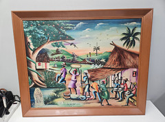 Vintage Oil Painting Colorful Beach Haiti People by Jean Baptiste 30“ x 24“